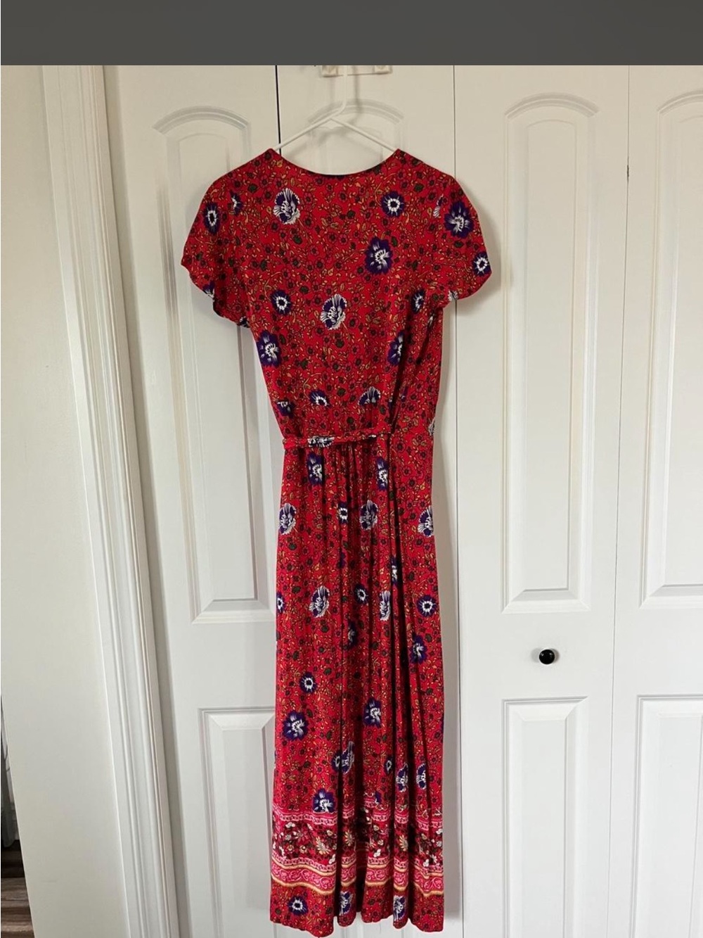 PrettyGarden Red Floral Wrap Maxi Dress with Tie Waist and Border Print - Picture 3 of 3